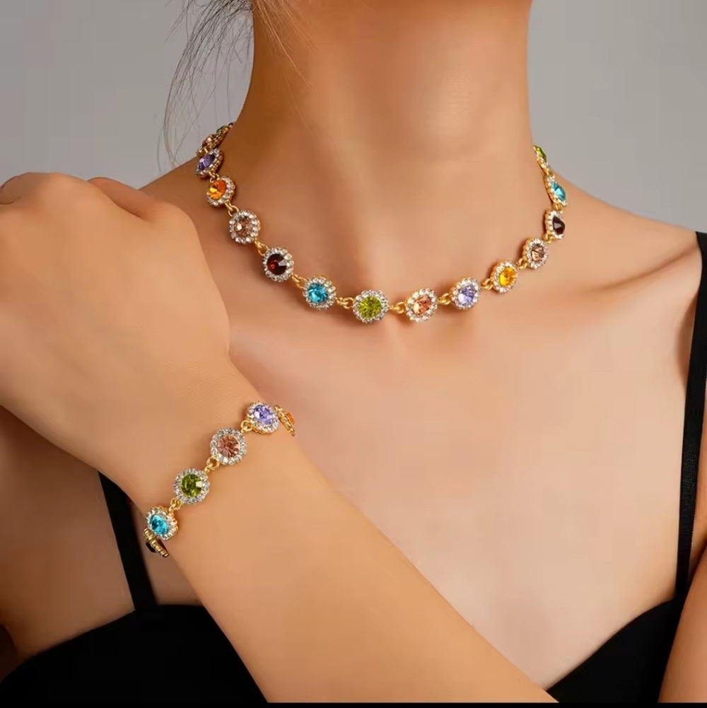 Colorful Crystal Choker Necklace Rhinestone Clavicle Chain Sparkly Jewelry Set